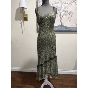 Believe Petite Green Geometric Midi Chiffon Dress Ruffle V-Neck Strappy 12P